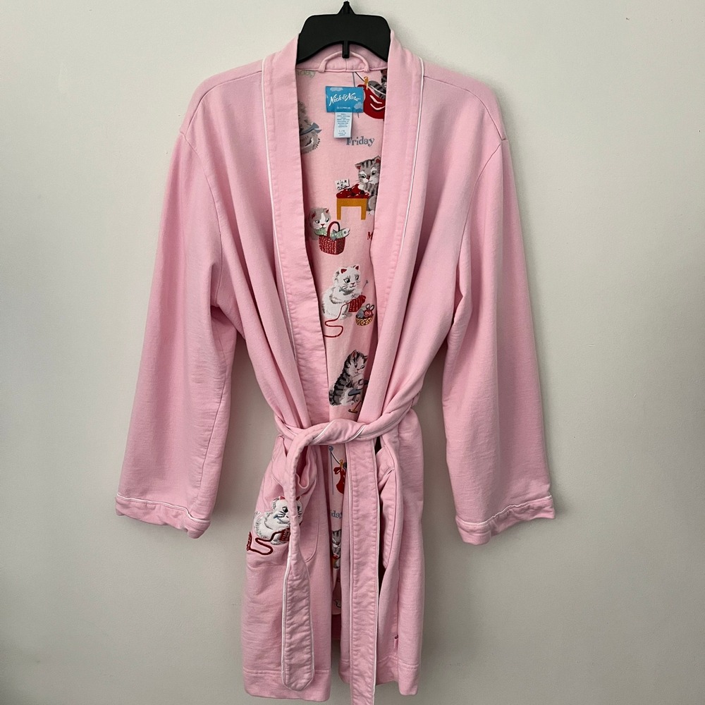 Nick & Nora Pink Cotton Robe L/XL Kitty Cat Embroidered Whimsical Playful Cozy